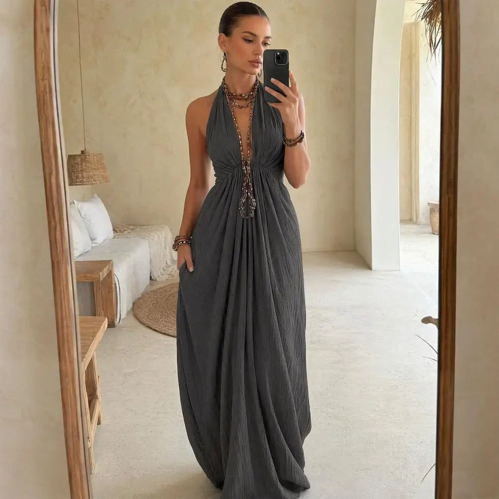 Women Dress with Hidden Side Pockets, Deep V Neck Sleeveless Beach Sundress, Summer Flowy Maxi Dress with Pockets