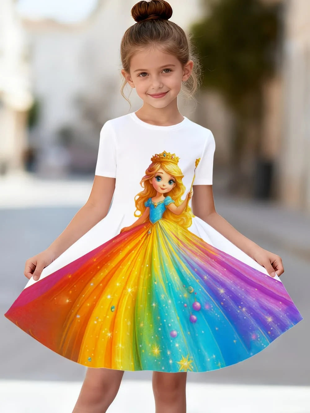 Girl's Princess Cartoon Print Dress Summer Casual Round Neck Short Sleeve Dress Outdoor Wear Elegant Party Dresses Girl Clothes