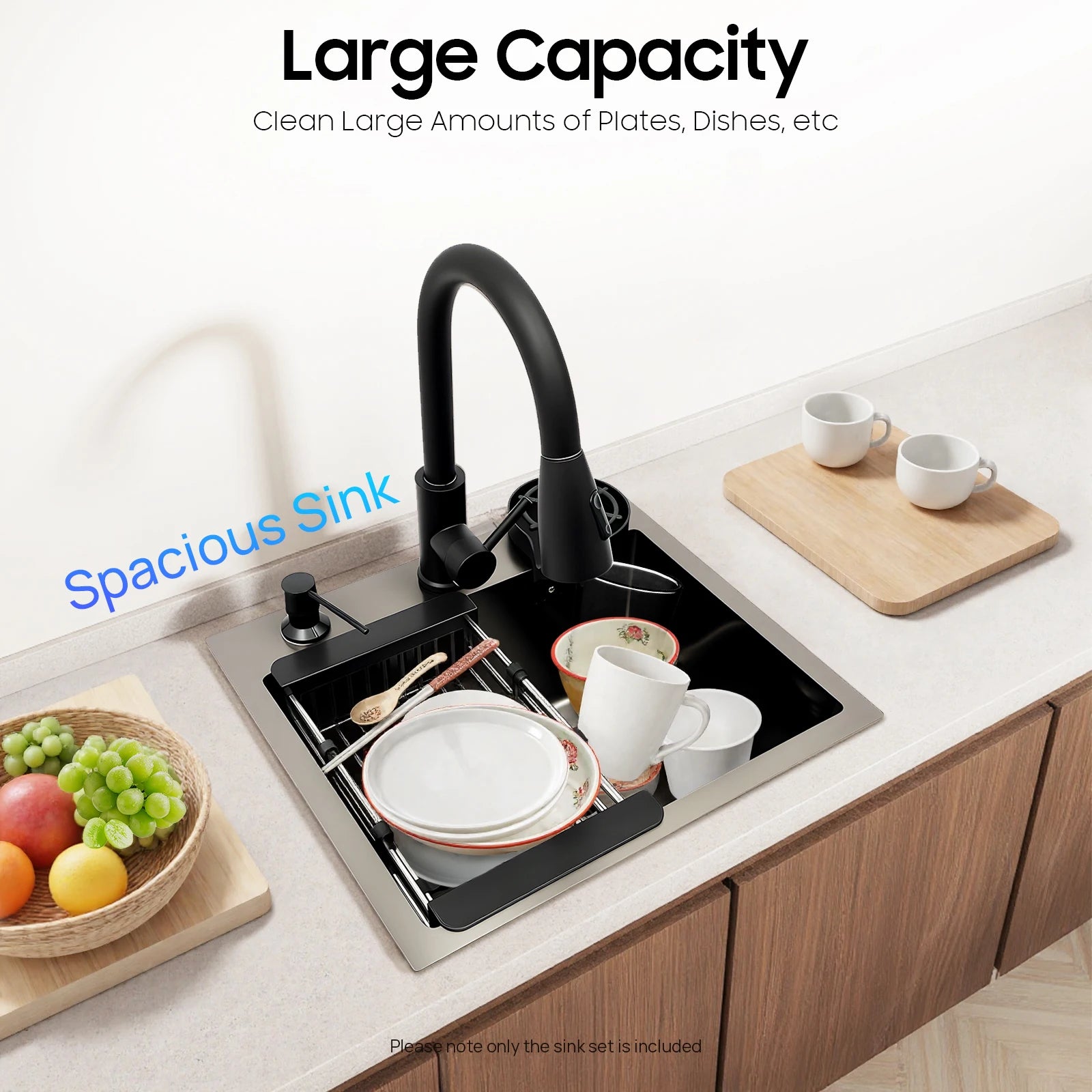 45x40cm Black Kitchen Sink Multi-functional with Pull-Out Faucet, Cup Rinser, Basket, Soap, Stainless Steel Single Bowl Pipe Set