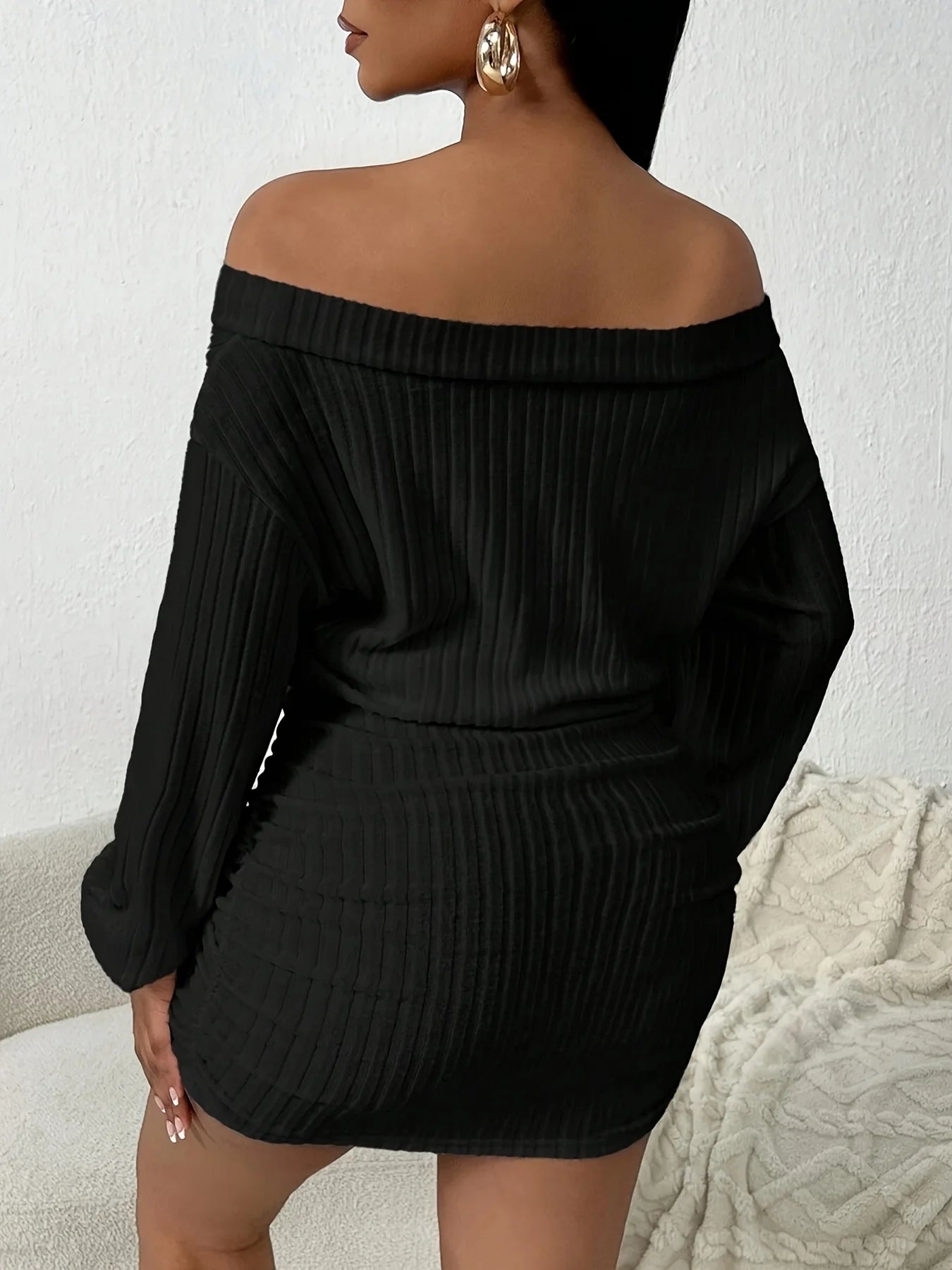 One-Shoulder Puffy Solid Color Casual Multi-Functional Long-Sleeved Knitted Dress