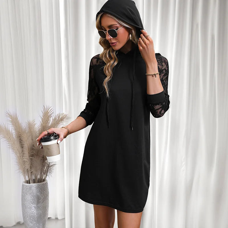 Women's Fashionable Casual Hooded Sweatshirt Dress 2026 Autumn And Winter New Pure Black Short Medium And Long A-line Skirt
