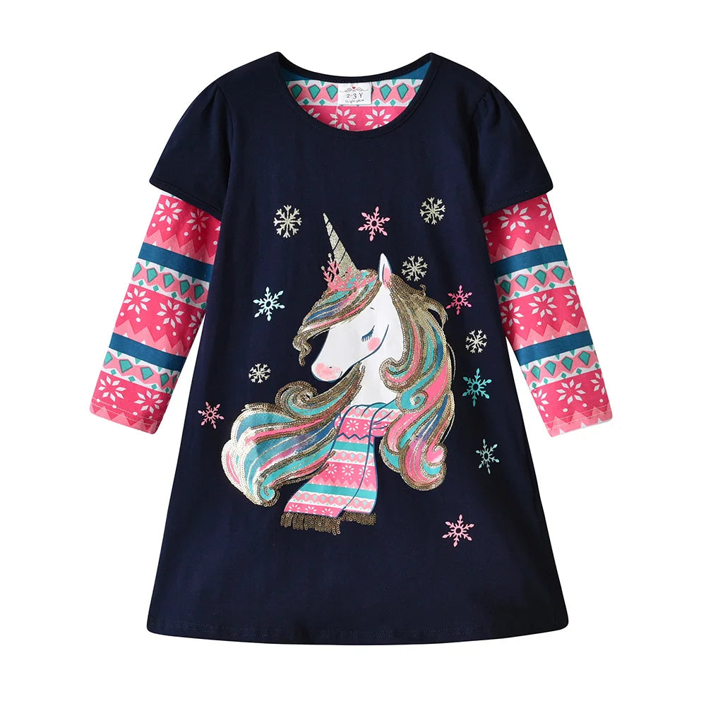 DXTON Children Cotton Dresses A-line Straight Girls Daily Dress Snowflakes Kids Autumn Clothing Unicorn Baby Girls Cartoon Dress
