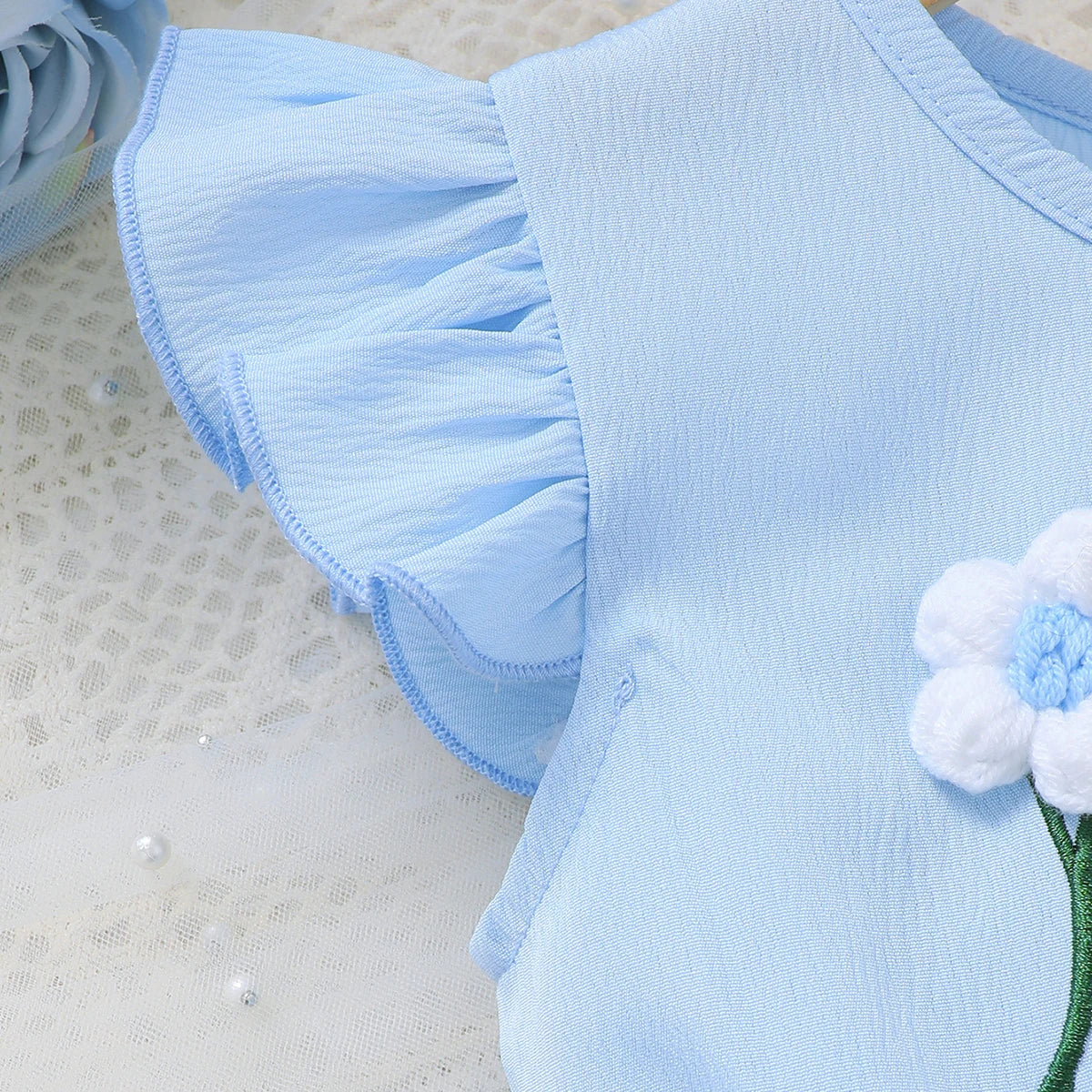 3PCS Fashion Girls 1-6 Years Old Summer Blue Sweet Sleeveless A-line Children's Dress 3D Wool Flower+Small Pocket Casual Dress