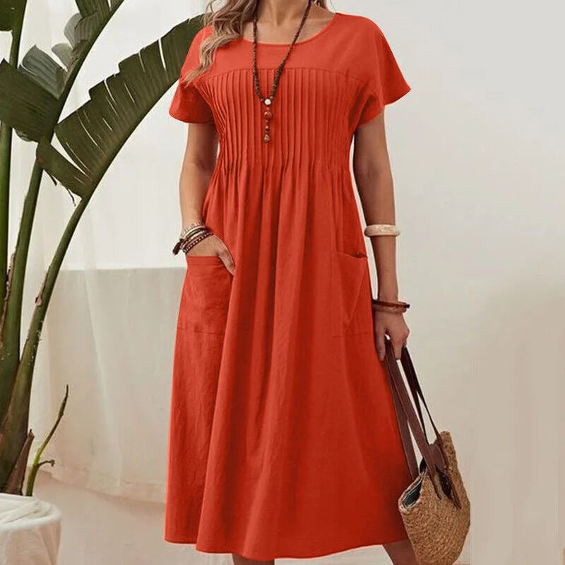 Women's Summer Dress New Pleated Front Loose A‑Line Dress Casual Daily Outdoor Vacation Ladies Long Dresses For Women Robe Femme