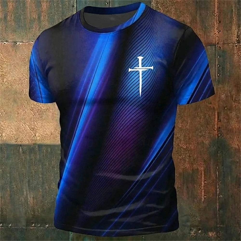 Funny 3D Stripe Print Men's T Shirt Fashion Cross Pattern Short Sleeve Tees Summer Casual O-neck Loose Top Street Trend Clothing