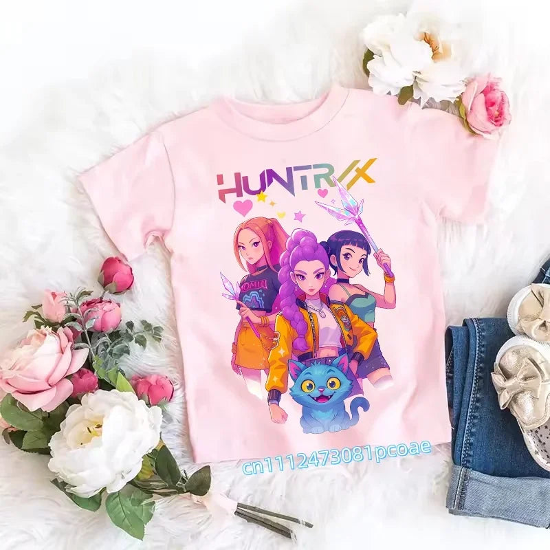 2026 Children's K-pop Demon Hunters T-shirt, a clothing item featuring anime cartoon patterns, a girls' casual top, gift options