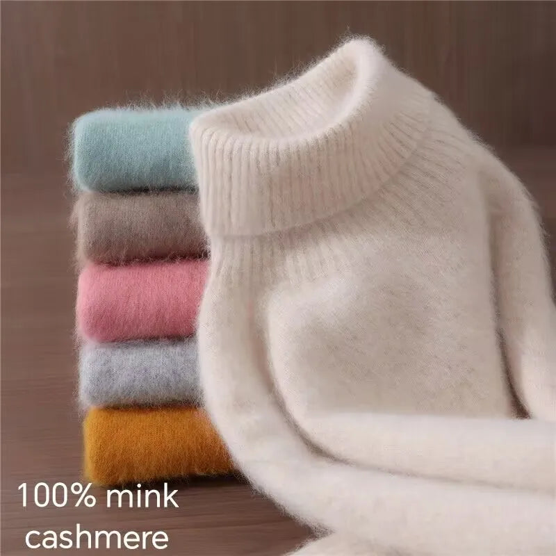 2025 Autumn/Winter New Women's 100% Mink Fur High Collar Sweater With Thick Pullover knit Sweater, Solid Color, High-End Fashion