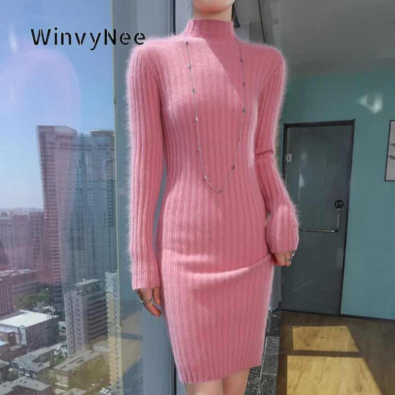 WinvyNee Women Midi Dress Mink Velvet Fitted High Neck Long Sleeve Brushed Fabric Cozy Street Look Casual Knit Garment ZE1248024