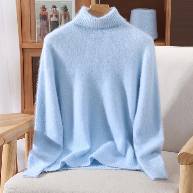 2025 Autumn/Winter New Women's 100% Mink Fur High Collar Sweater With Thick Pullover knit Sweater, Solid Color, High-End Fashion