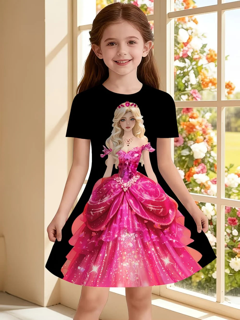 Girl's Princess Cartoon Print Dress Summer Casual Round Neck Short Sleeve Dress Outdoor Wear Elegant Party Dresses Girl Clothes