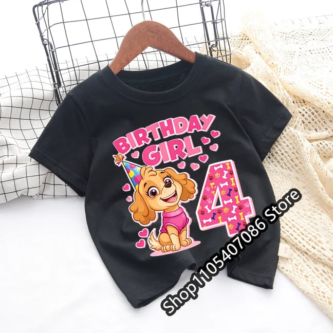 Paw Patrol Skye T-shirt Children Birthday Number Tee Top Girls Pink Clothes Cartoon Anime Short Sleeve Kids Loose Clothing Gift