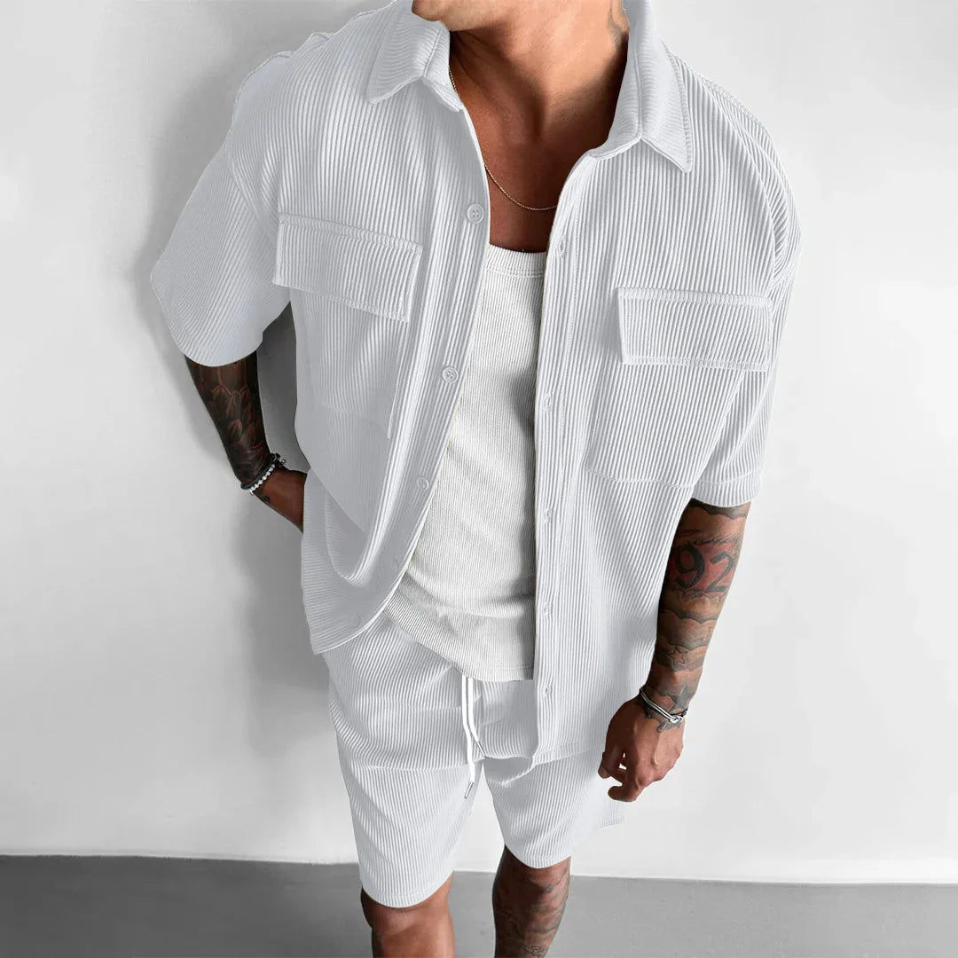 Summer Corduroy Men's Set Hawaii Men's Short sleeve Sports Set Casual Corduroy Shirt+Shorts 2-Piece Set Trendy Streetwear K-pop