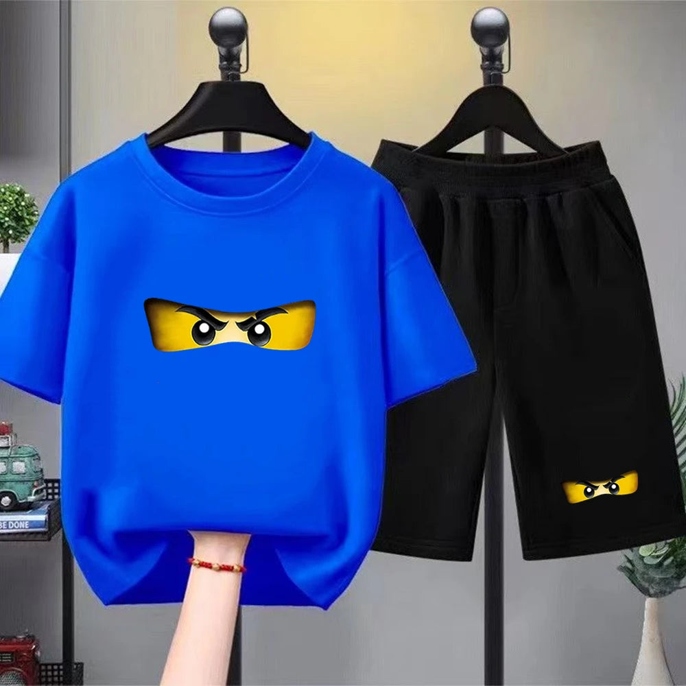 Summer T-Shirt Boy Girls Red Casual TShirt+Shorts Sets Ninja Printed Kids Outfits Teen Children's Short Sleeve Tops