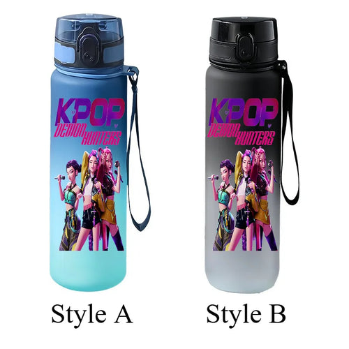 650ml KPOP Demon Hunters Sports Water Bottle Gradient Frosted Leak Proof Pop Up Lid Portable Strap Plastic Water Cup