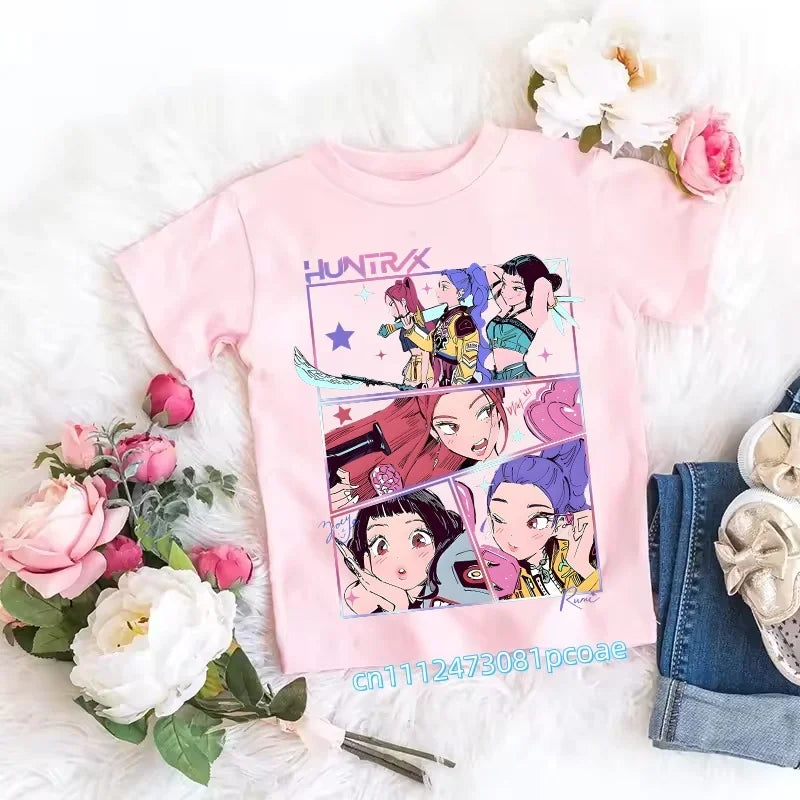 2026 Children's K-pop Demon Hunters T-shirt, a clothing item featuring anime cartoon patterns, a girls' casual top, gift options