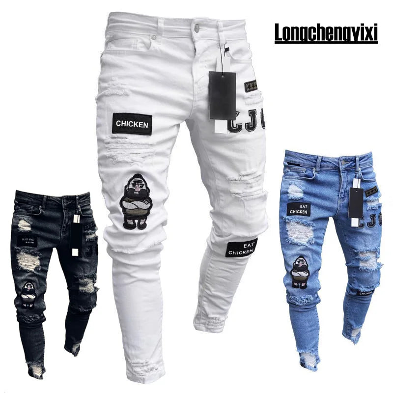 Men Jeans Knee Hole Ripped Stretch Skinny Denim Pants Solid Color Black Blue Autumn Summer Hip-Hop Style Slim Fit Trousers S-4XL