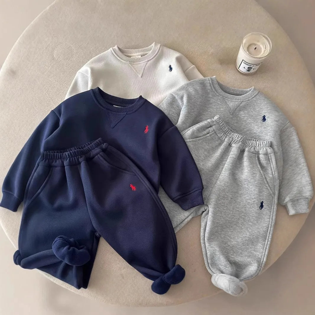 TZ2514 Korean Style Children's Winter Outfit Set Unisex Simple Fleece Sweatshirt Set Baby Trendy Warm Ensemble