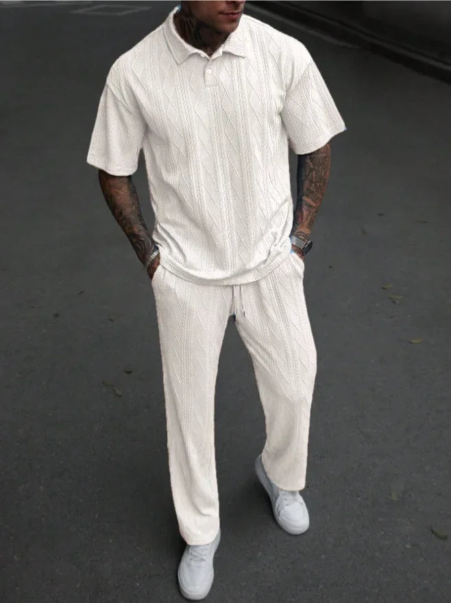 New Fashion Casual Trendy Knitted 2 Piece Sets Solid Color Short Sleeve Turn-down Collar T-shirts Loose Straight Trousers Male