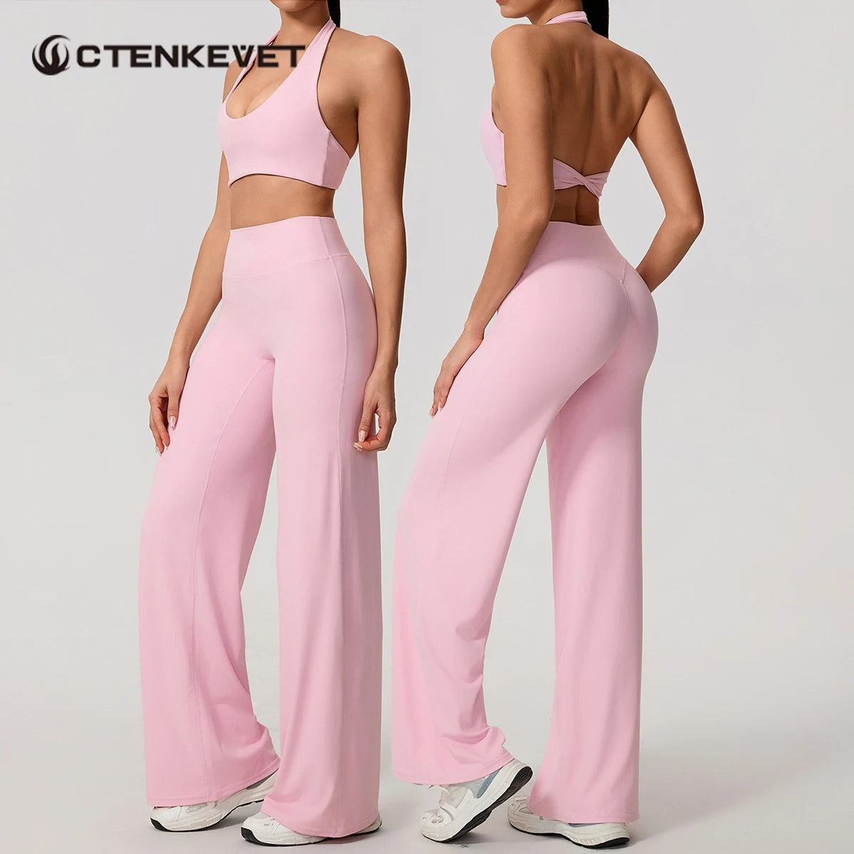 Summer 2Pcs Women's Quick-Dry Sports Set U-Neck Sports Bra Sleeveless Yoga Top Two-Piece Fitness Workout Set with Bell-Bottom