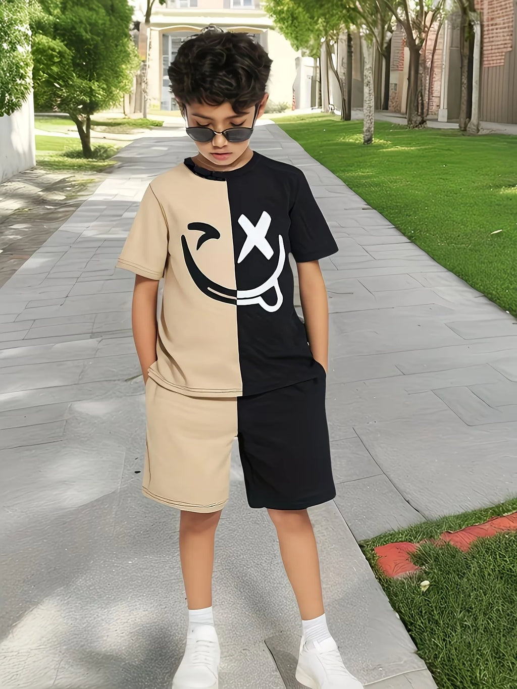 Boys 2Pcs Summer Outfit Smile Face Print Beige Black Color Block Casual Sportswear Kids Streetwear Tracksuit