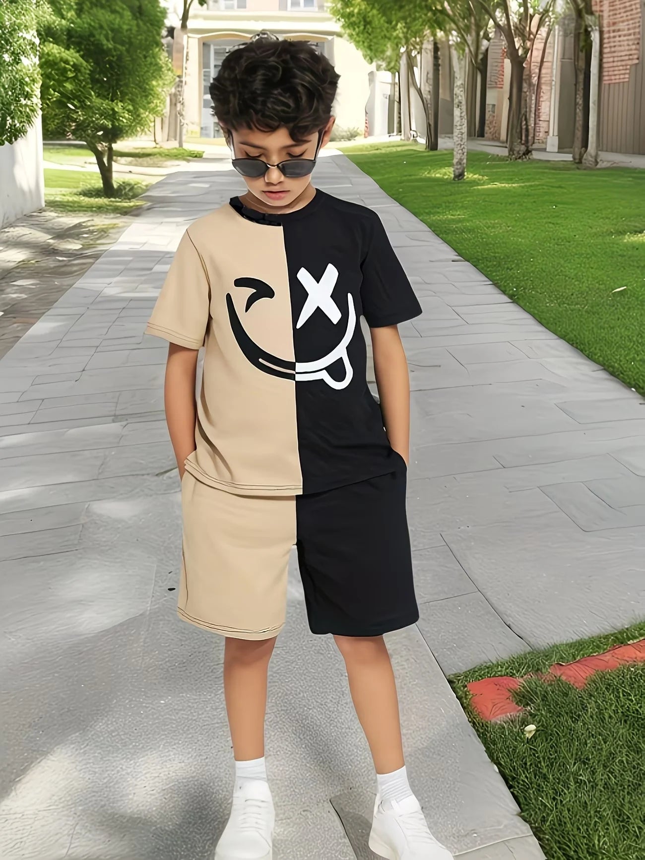 Boys 2Pcs Summer Outfit Smile Face Print Beige Black Color Block Casual Sportswear Kids Streetwear Tracksuit