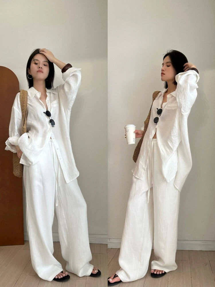 Slack Linen Wide-leg Pants Summer Loose Versatile Drawstring Straight White Casual Trousers Korean Fashion 2026