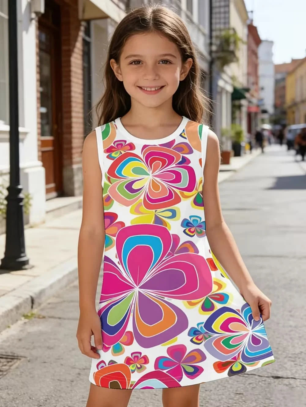 Summer Beach Vibes Pattern Girls' Vibrant Fashion Digital Print Sleeveless Camisole Dress Holiday Vacation Beach Girl Vest Dress