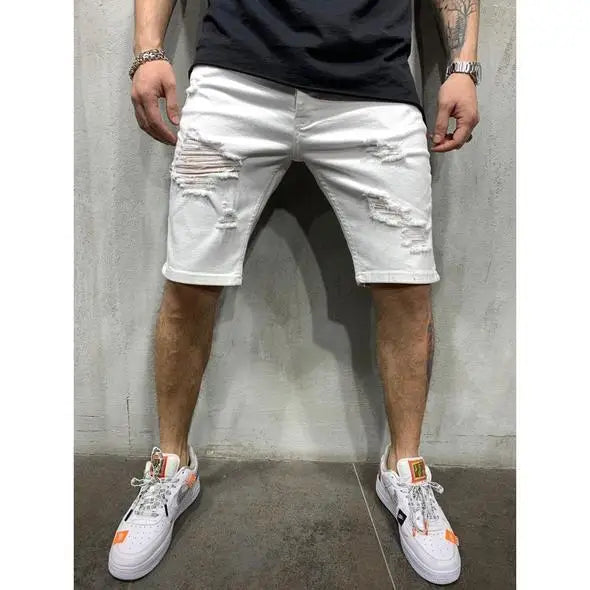 2024 Ripped tassel denim shorts New  Summer Men's Personalized Washable Perforated Denim Pants Large Casual Middle Pants