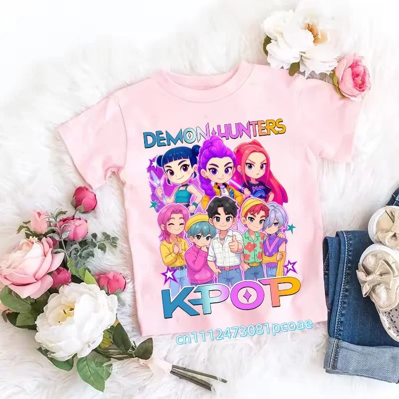 2026 Children's K-pop Demon Hunters T-shirt, a clothing item featuring anime cartoon patterns, a girls' casual top, gift options