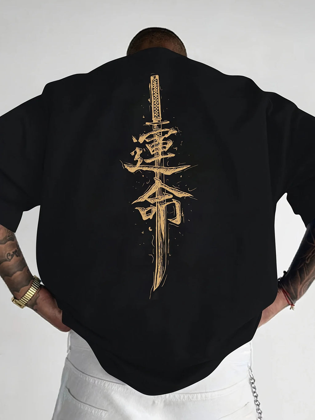 Men's summer  pure fashionable casual loose Japanese samurai sword pattern printed round neck short sleeved T-shirt