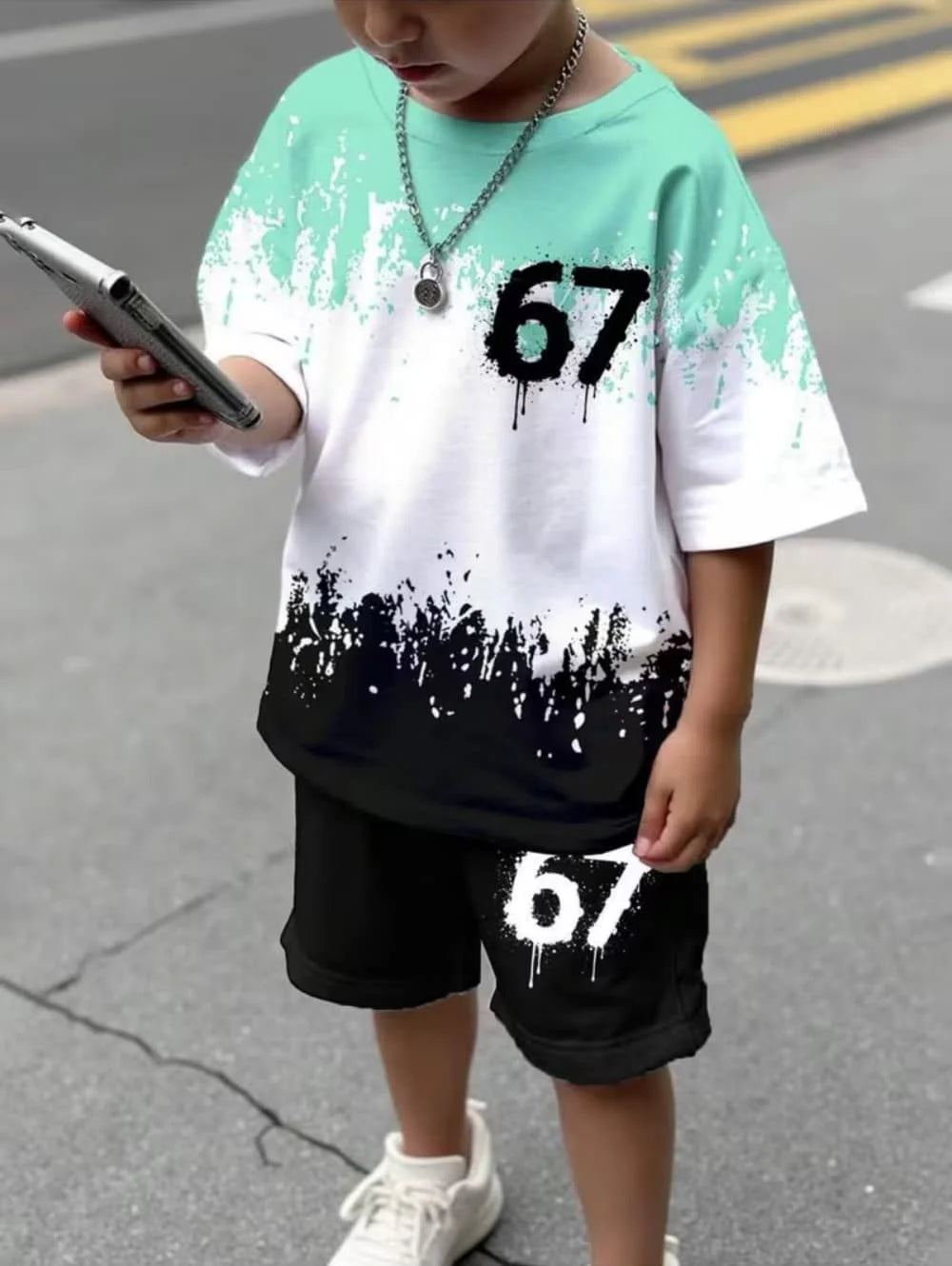Funny Six Seven Italian Brainrot 67 Number Print Kids Short Sleeved Suit Children Clothing T-Shirt + Shorts 2pc Set Boys Clothes