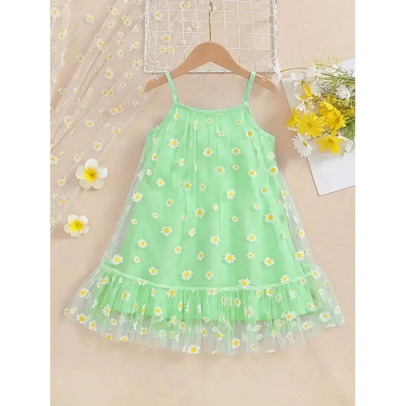 Girls Summer Dress Elegant Daisy Print Mesh Layered Strap Ruffle Bottom Outfit Yellow Green Blue - Children's Clothing