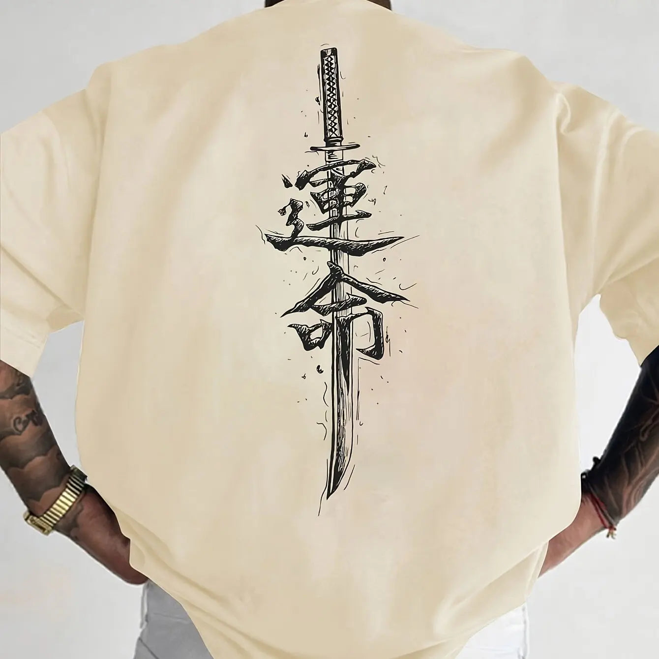 Men's summer  pure fashionable casual loose Japanese samurai sword pattern printed round neck short sleeved T-shirt