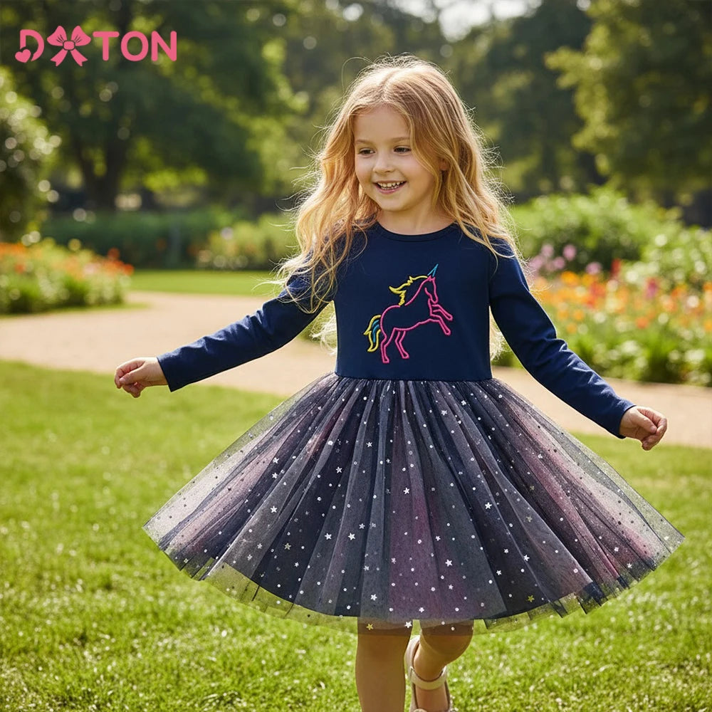 DXTON Autumn Kids Costume Embroidery Unicorn Long Sleeve Girls Dresses Mesh Star Blingbling Garden Play Children Casual Clothing