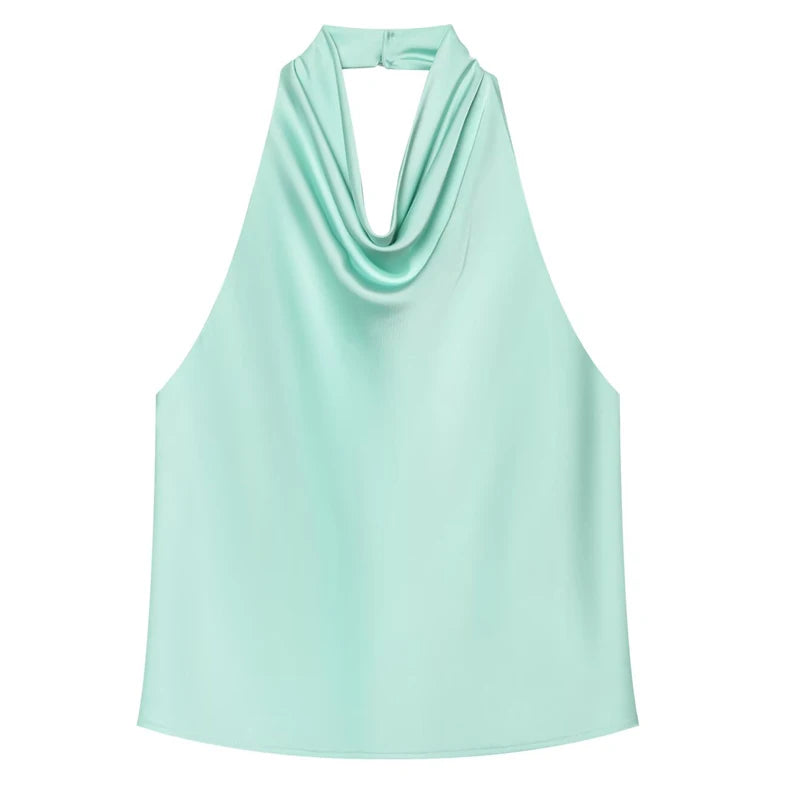 HXAO Halter Neck Women's Top Off Shoulder Satin Crop Top Women Summer Sexy Backless Tank Party Tops Y2K Aesthetic Camisole