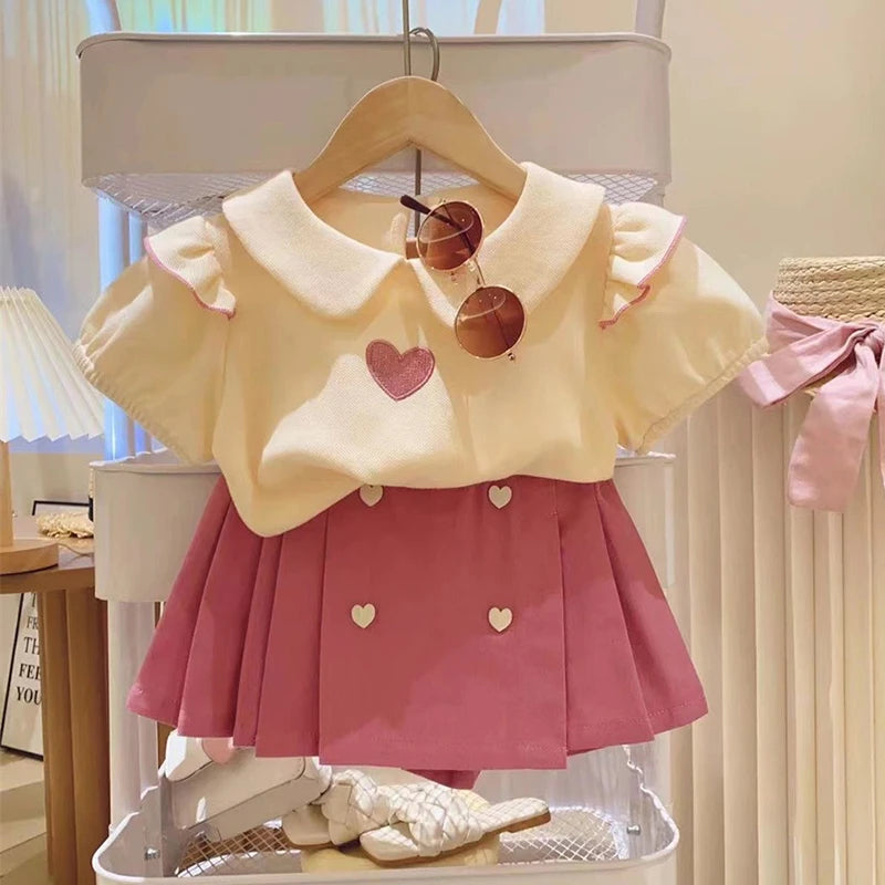2026 Summer Girls Clothing Set Embroidered Heart Pattern T-shirt+ Short Pants 2Pcs Suit For 2-8Years Kids Fashion Outfit