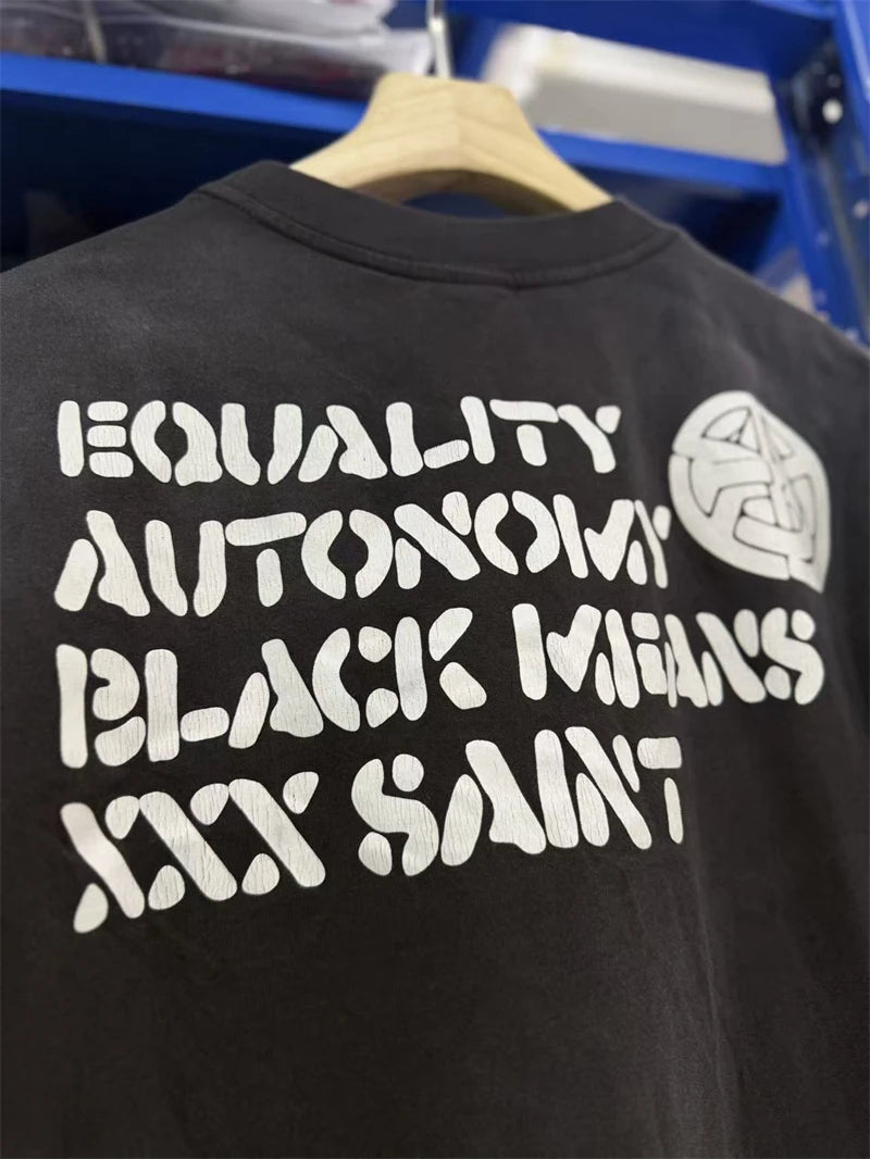SAINT FW26 Retro American Street Circular Letter Printed Round Neck Hoodie Washed Ink Splashed Short Sleeve High Street T-shirt