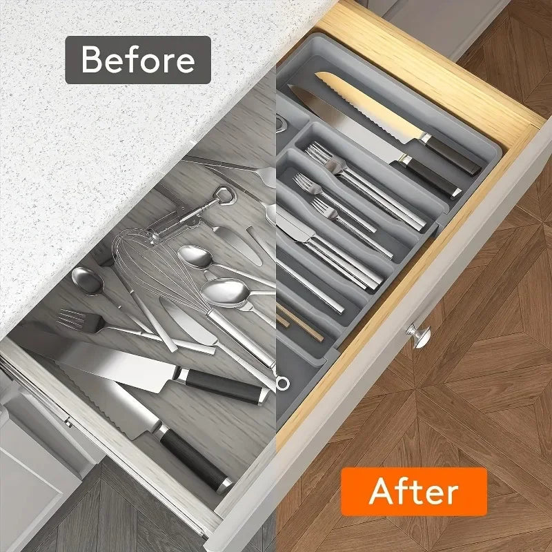 1Pcs Upgradation Adjustable Flatware Tableware Organizer – Plastic Multifunctional Drawer Organizer for Kitchen Counter Utensils