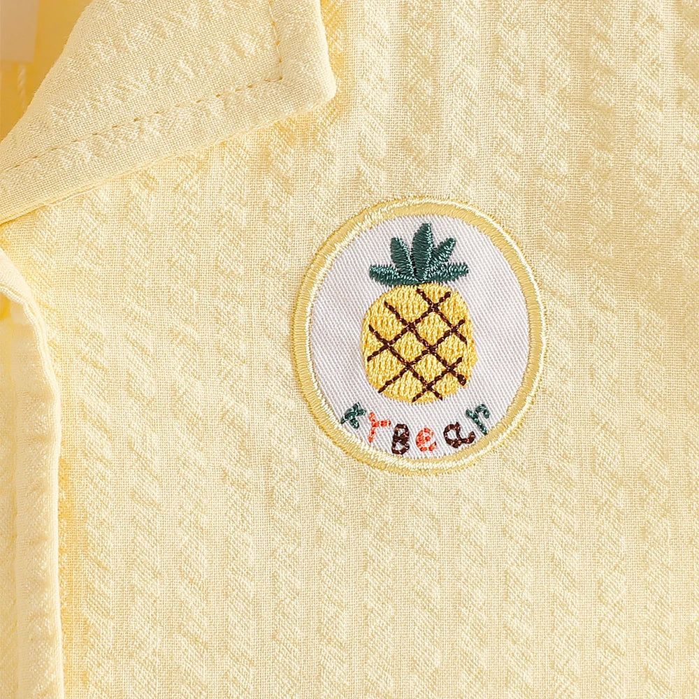 Girls Summer Dress 100% Cotton 2-8Y Cold Shoulder Short Sleeve Pineapple Embroidery Button Up Casual A-Line Sundress