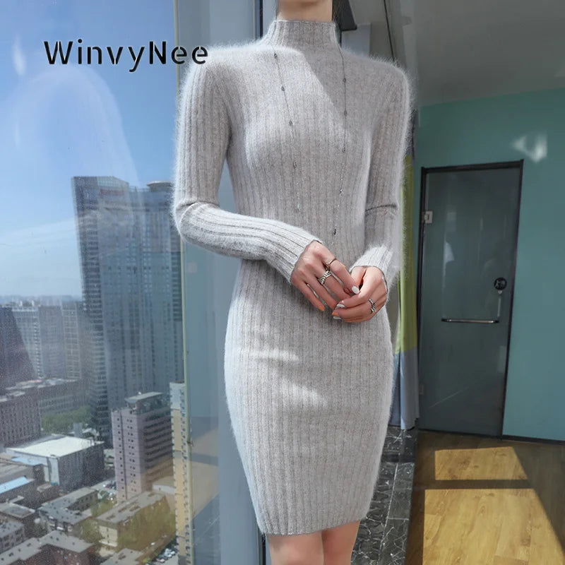 WinvyNee Women Midi Dress Mink Velvet Fitted High Neck Long Sleeve Brushed Fabric Cozy Street Look Casual Knit Garment ZE1248024