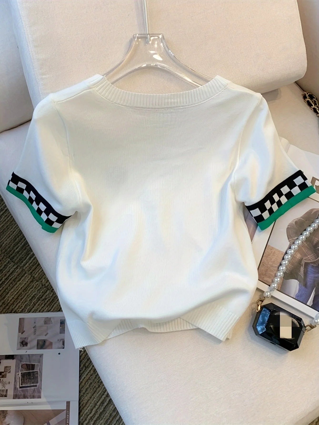 New Summer Heart Pattern Ribbed Pullover Sweater Casual Contrast Trim Crew Neck Short Sleeve Sweater Women's Clothing Crop Top