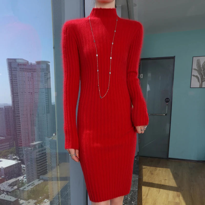 WinvyNee Women Midi Dress Mink Velvet Fitted High Neck Long Sleeve Brushed Fabric Cozy Street Look Casual Knit Garment ZE1248024