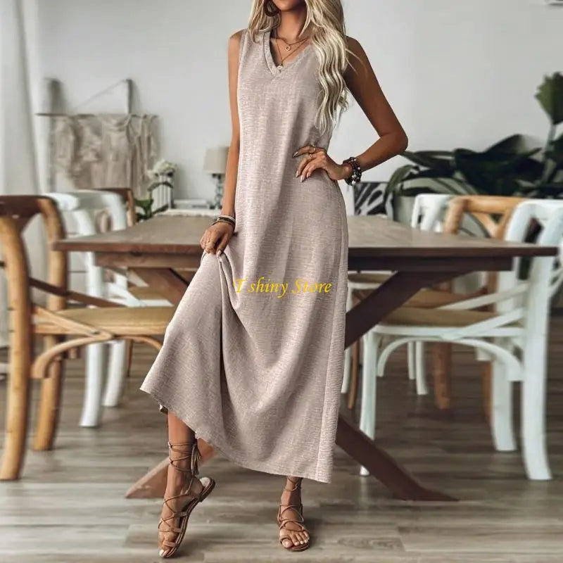 N58F Summer Dresses for Women Cotton Linen Maxi Dress Casual Sleeveless Long Sundress Vacation Outfits