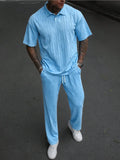 New Fashion Casual Trendy Knitted 2 Piece Sets Solid Color Short Sleeve Turn-down Collar T-shirts Loose Straight Trousers Male