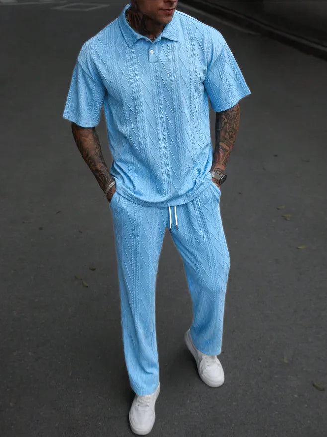 New Fashion Casual Trendy Knitted 2 Piece Sets Solid Color Short Sleeve Turn-down Collar T-shirts Loose Straight Trousers Male