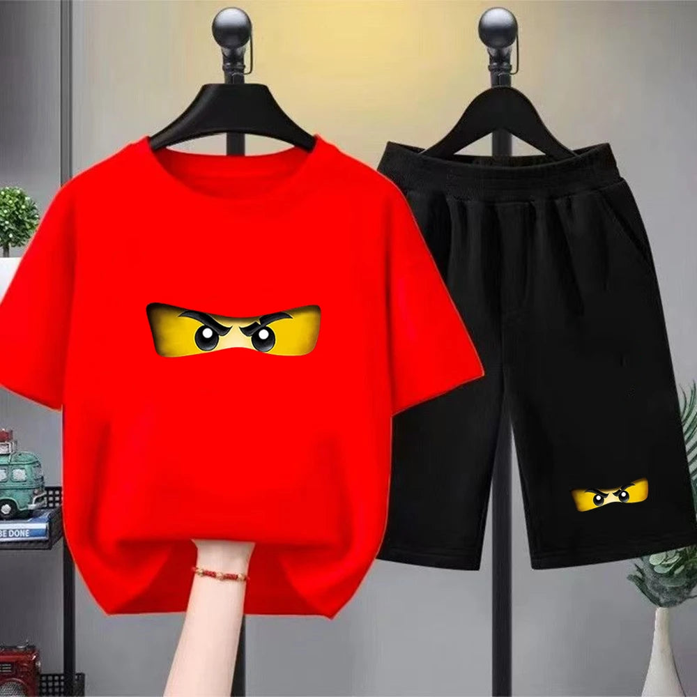 Summer T-Shirt Boy Girls Red Casual TShirt+Shorts Sets Ninja Printed Kids Outfits Teen Children's Short Sleeve Tops