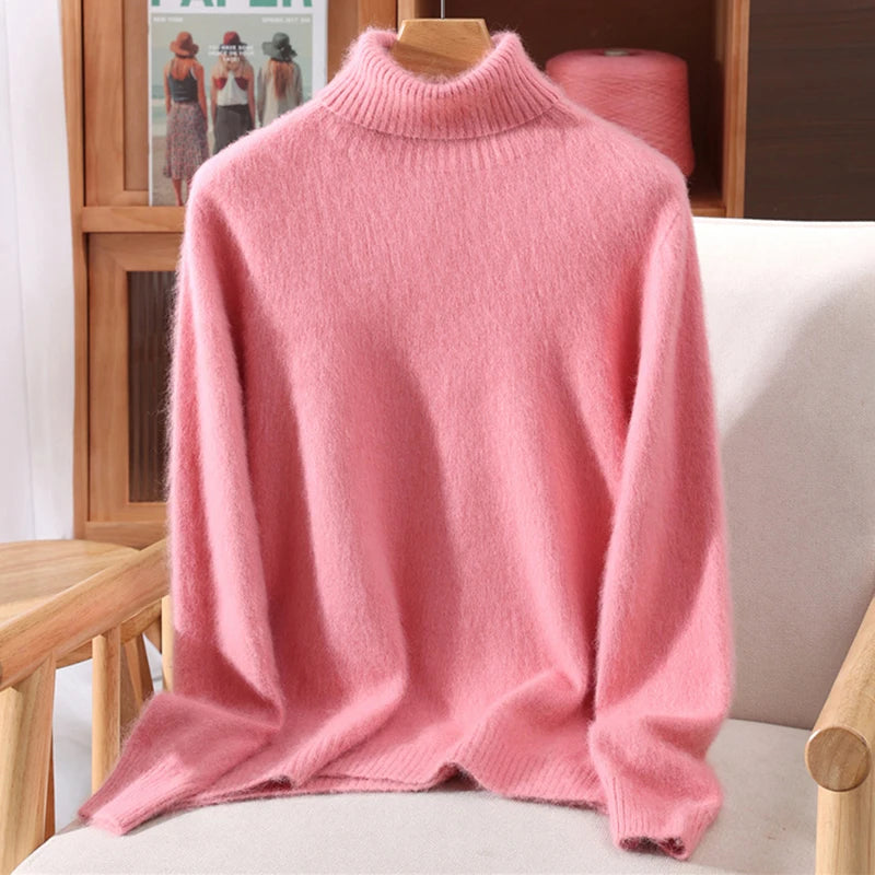 2025 Autumn/Winter New Women's 100% Mink Fur High Collar Sweater With Thick Pullover knit Sweater, Solid Color, High-End Fashion