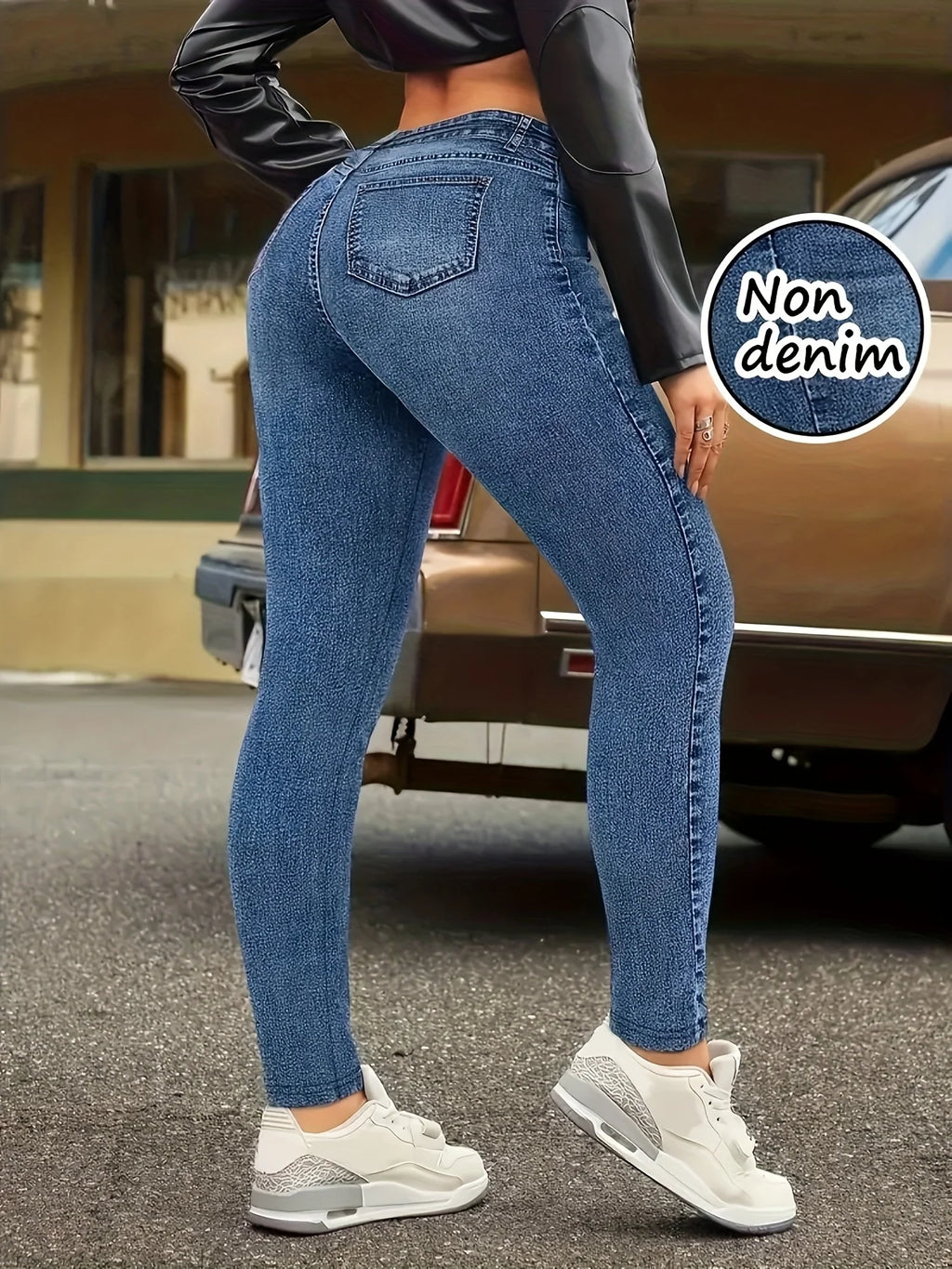 Fashion Women Faux Denim Printed Skinny Pants, High Elastic Seamless Fake Pocket Casual Sports Long Leggings