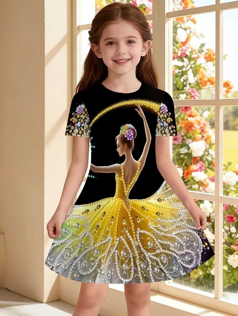 Girl's Princess Cartoon Print Dress Summer Casual Round Neck Short Sleeve Dress Outdoor Wear Elegant Party Dresses Girl Clothes