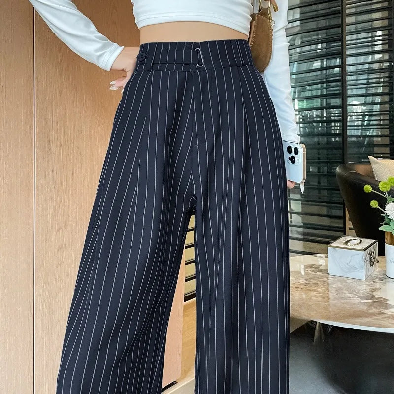 2025 New Autumn Vintage Striped Loose Women's Wide Leg Pant Button Spring High Waist Female Straight Office Full Length Trousers